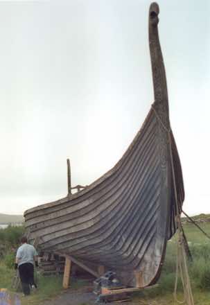 Skidbladner.  As in Death on a Longship, she was built in Norway for an attempt to sail to America, as Leif Erikson did, and was unable to complete the voyage because of bad weather.